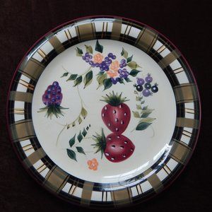 ONEIDA Strawberry Plaid Hand Painted Dinner Plate RETIRED  Stoneware Set Of 2